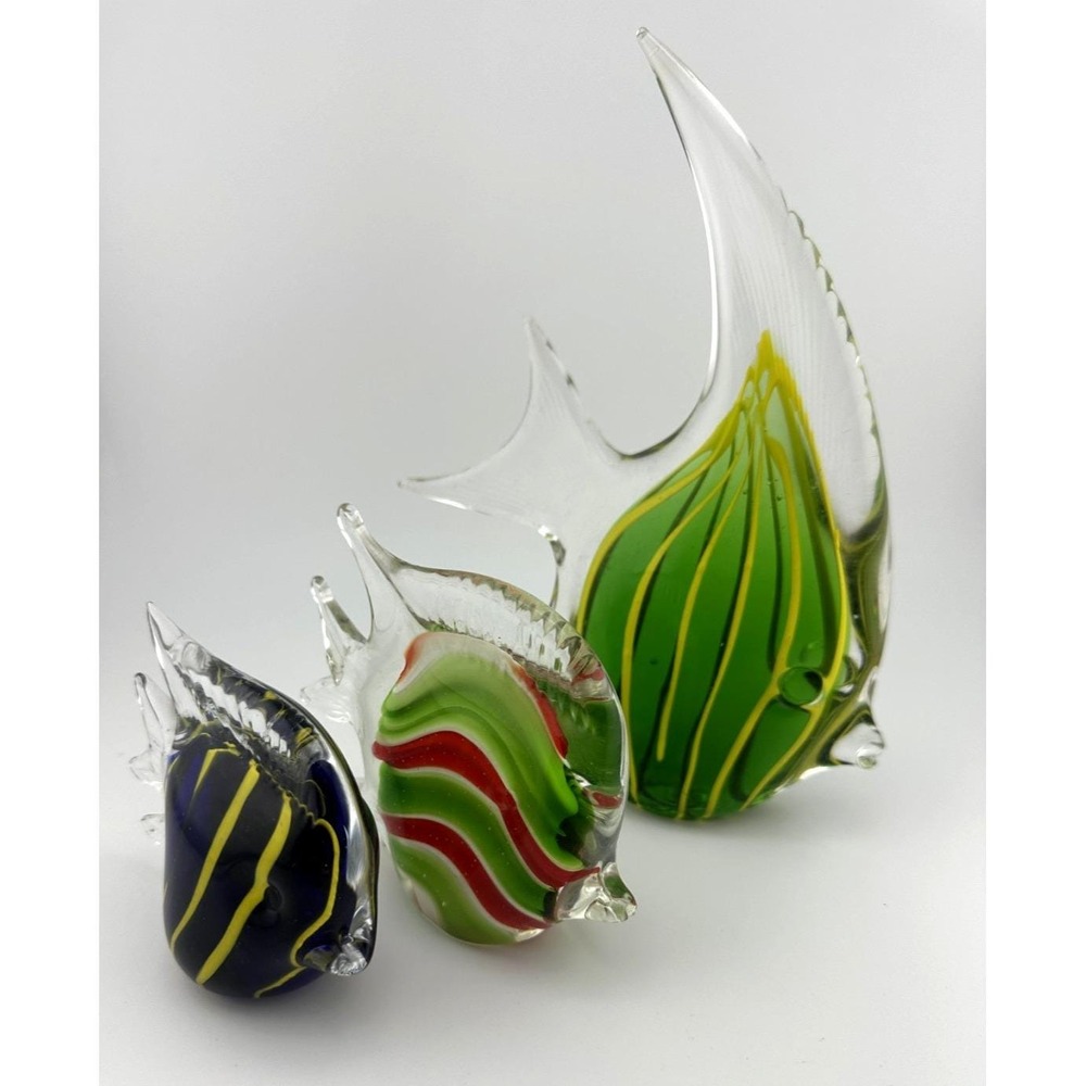 Hand Blown Art Glass Fish Figurines Set of 3 Colorful Decorative Sculptures